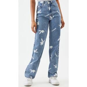 Playboy By Pacsun Women's Blue Signature Print Denim Boyfriend Jeans Size 23 D-2